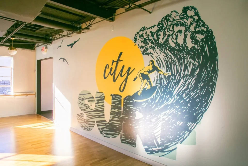 Hand-painted mural in Atlanta, GA. Abstract with textured elements.
