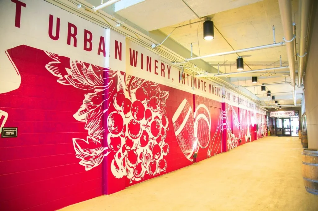 Hand-painted mural in Atlanta, GA. Vintage style winery illustration.