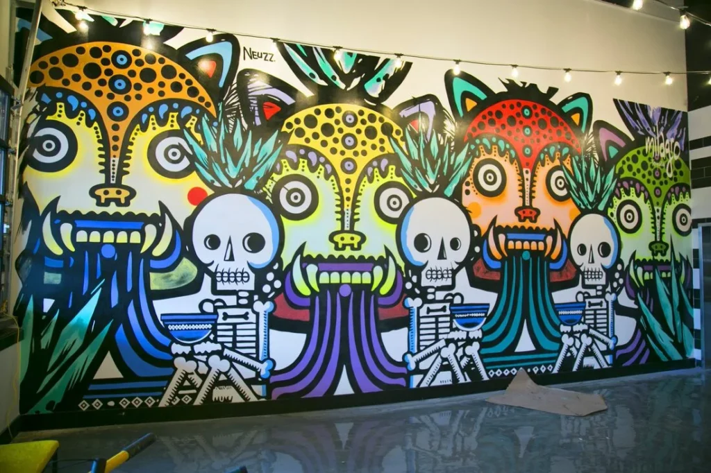 Mural with solid icons and outlines in Atlanta. Colorful illustration.