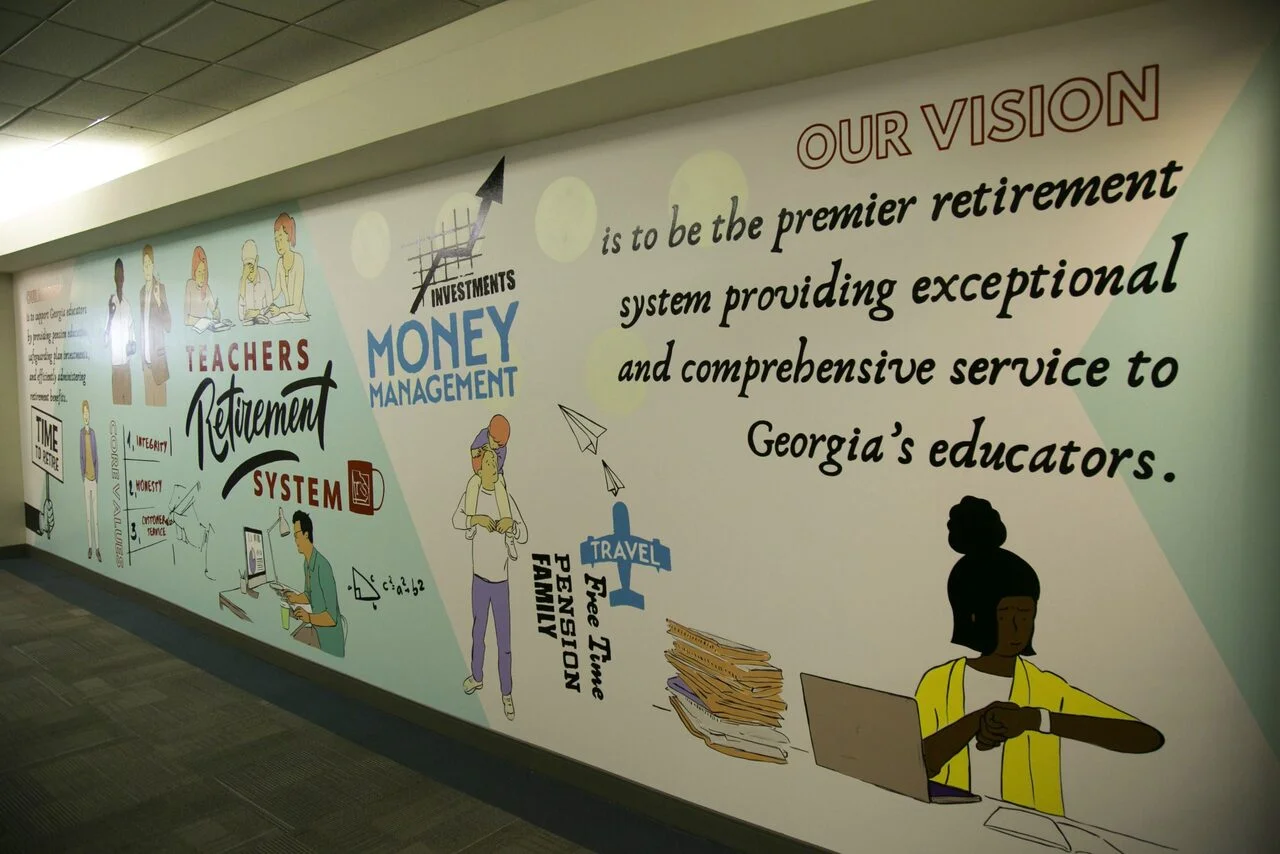 Hand-painted mural in Atlanta, GA. Infographic-style system.