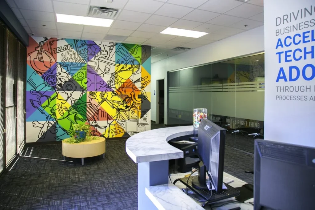 Hand-painted mural in Atlanta, GA. Abstract with bold color blocks.