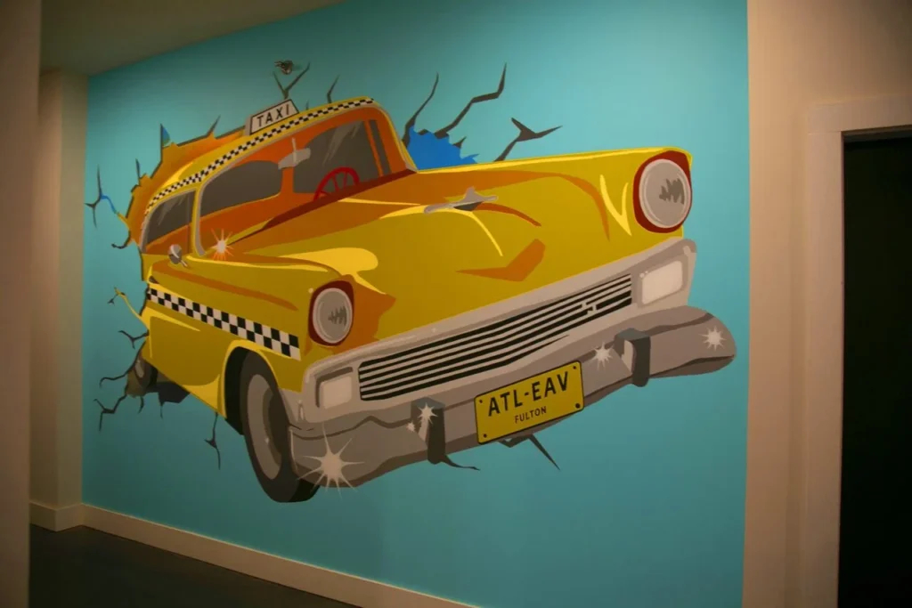 Hand-painted mural in Atlanta, GA. Realistic taxi art.