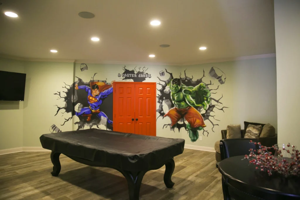 Superhero mural Atlanta: Powerful team for kids' room adventure.