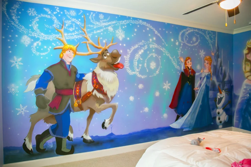 Elsa Frozen mural Atlanta: Magical ice princess and blue snowy scene for kids.