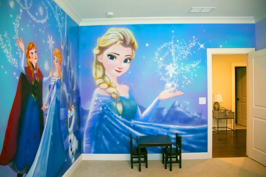 Elsa Frozen mural Atlanta: Magical ice princess and blue snowy scene for kids.
