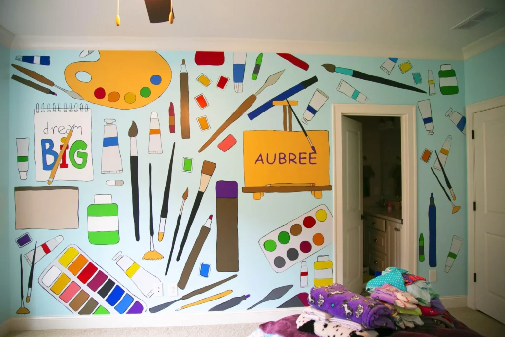 Painting objects mural Atlanta: Creative art supplies design for kids' room.
